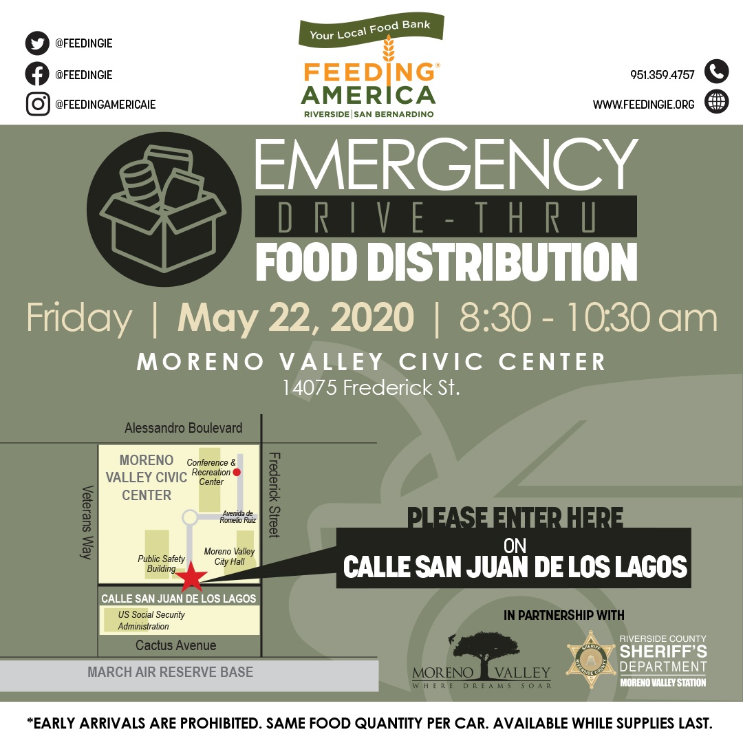 Emergency drive-thru food distribution event May 22; 8:30 am to 10:30 am. at the MoVal Civic Center.