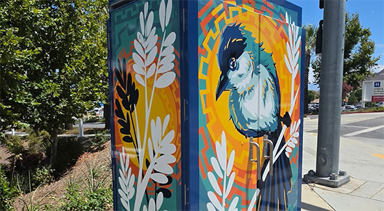 Utility box wrap with two gnat catcher birds sitting on foliage.
