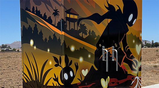 Utility box wrap with a cartoon style figure wearing all black. They are planitng hearts of light that have glowing roots. 